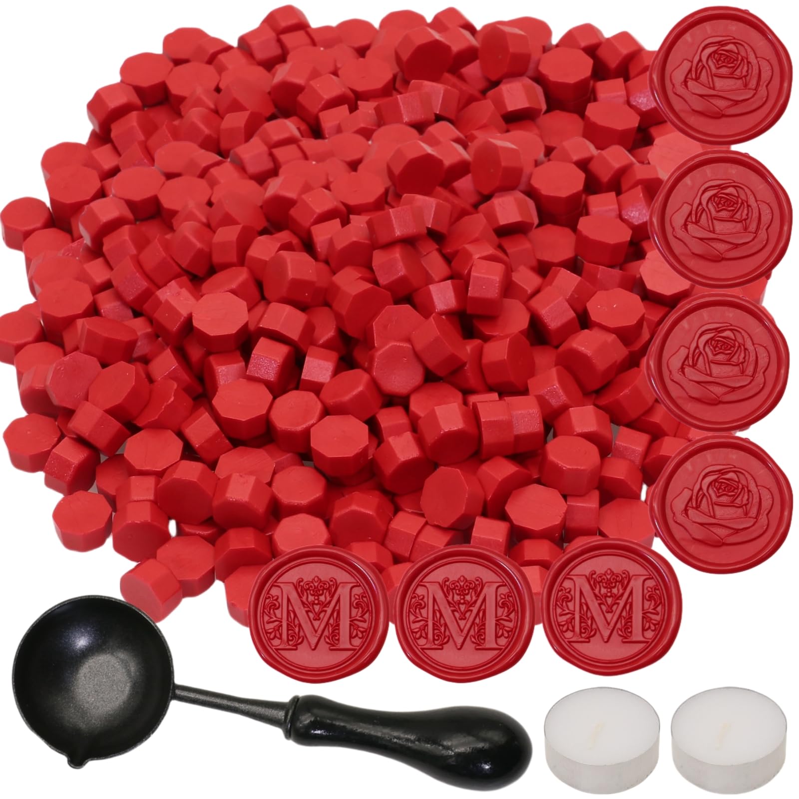 300Pcs Wax Seal Beads Set with Non-Slip Melt Spoon and Candles, Red Sealing Wax Pellets Bead Great for Seals Stamp, Wedding Invitations, Xmas Gift, Envelope Seal (Bright Red)