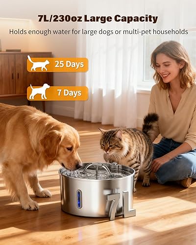 Miniatura 2 de Fuente de agua para perros grandes, dispensador de agua de acero inoxidable para perros de 7 L236 onzas, fuente automática para mascotas con bomba