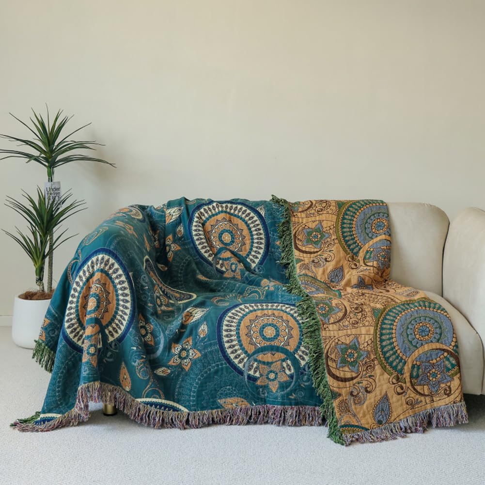 DONEUS Boho-Überwurfdecke für Bett – 100 % Baumwolle, doppelseitig, rustikale Steppdecke, Sommerdecke, Reise-Heimdekoration, große Bettdecken, ganzjährig, warme Decke für Sofa, Couch, Bett, Stuhl