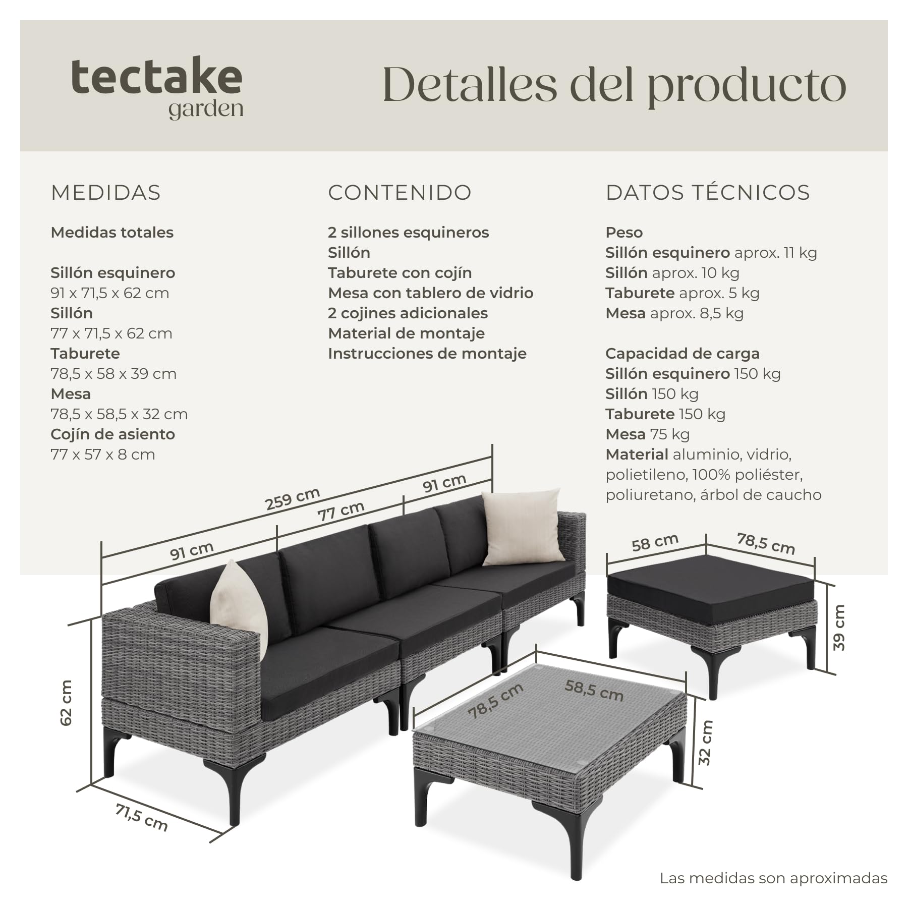 TecTake® Conjunto Jardín en Ratán y Aluminio, Cojines 8 cm, Conjunto Terraza Resistente a la Intemperie, Muebles Jardín Exterior 1 Sillón, 1 Taburete, 1 Mesa con Cristal, Fundas Extraíbles - Gris