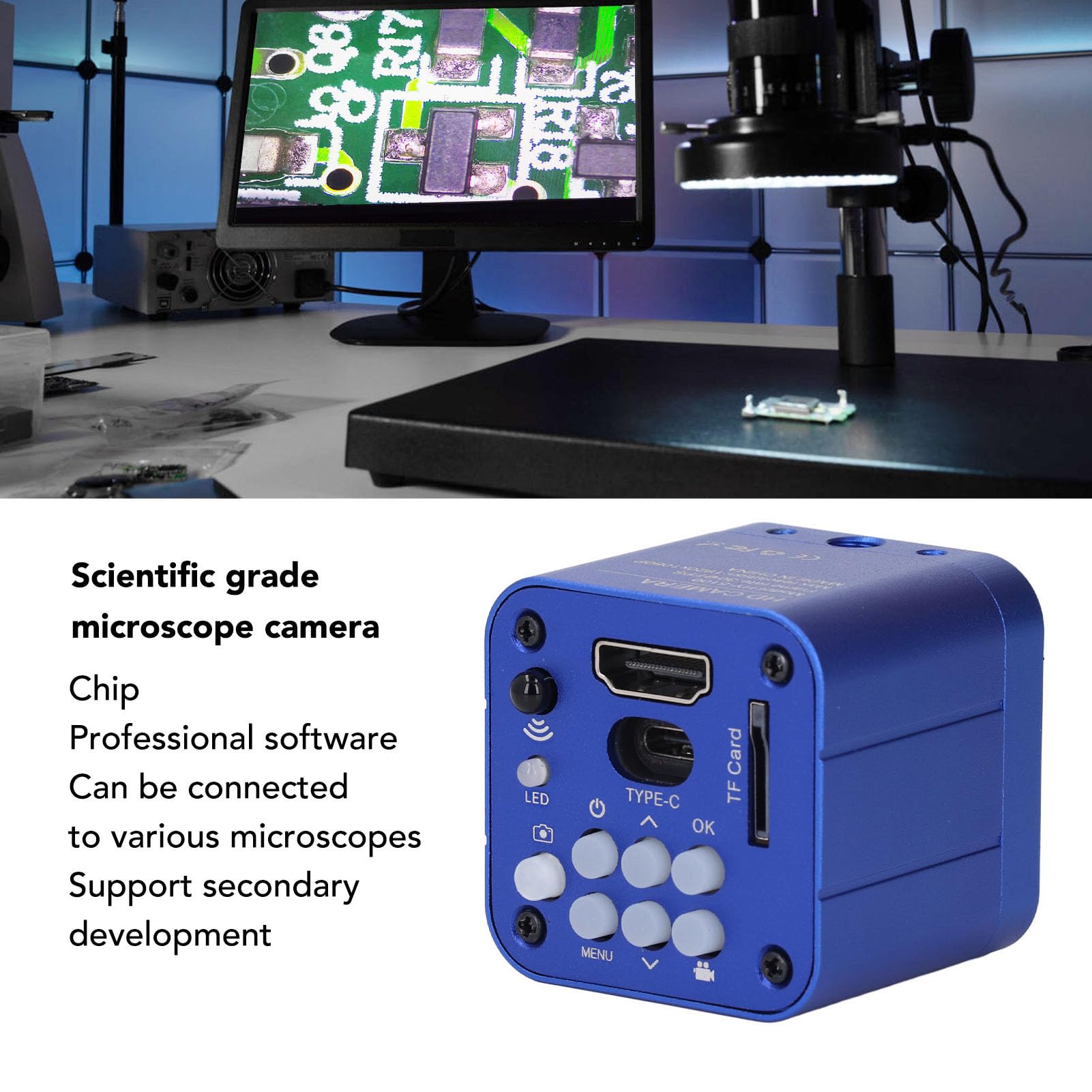 Fafeicy Cámara de Microscopio Industrial, Sensor de 24 MP con Vídeo 1080P, Ocular Digital USB con Sensor CMOS para Inspección Visual e Investigación Científica (Enchufe de la UE)