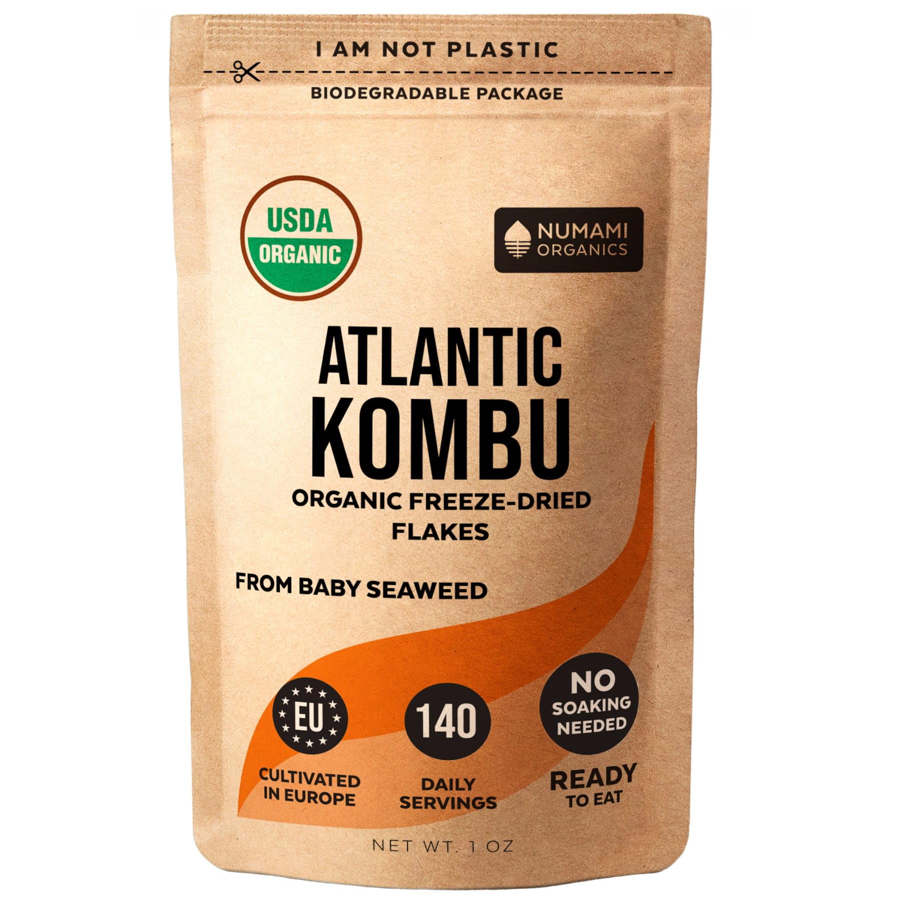 Organic Kombu Flakes - 1oz. Young Pure Seaweed Grown in North Atlantic. USDA Certified and Freeze-Dried Premium Quality. Soft Texture & Mild Taste. 140 Servings