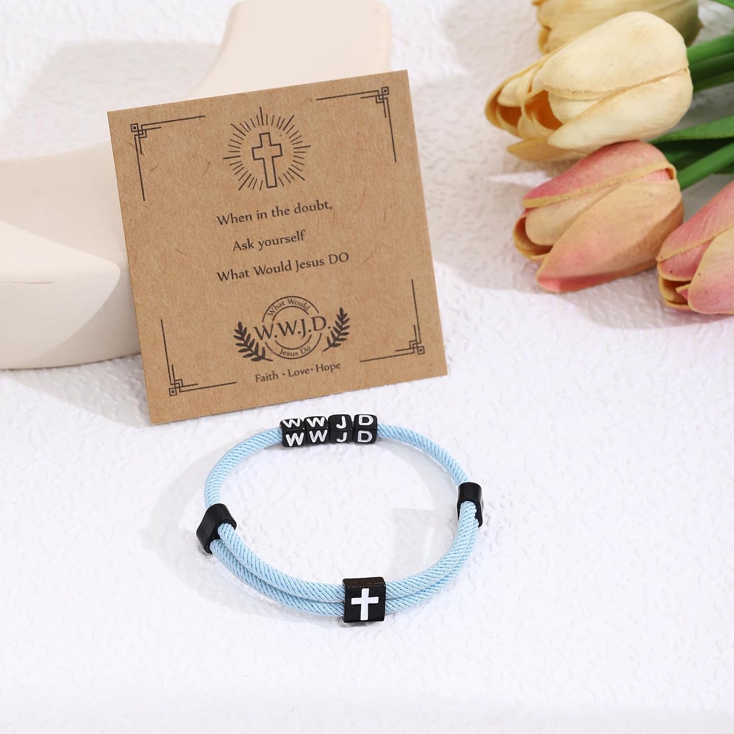 Pingyongchang WWJD Cross Braided Rope Bracelet for Women Men Jesus Religious Adjustable Surfer Bracelet with Gift Message Card Christian Lucky Protection Jewelry Friendship Couple Gift-Blue - Image 2