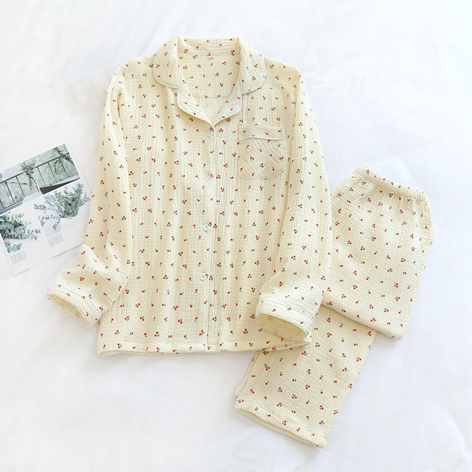 Pijama de crepé Doble con Solapa y Mangas largas para Mujer, Conjunto de Ropa para el hogar