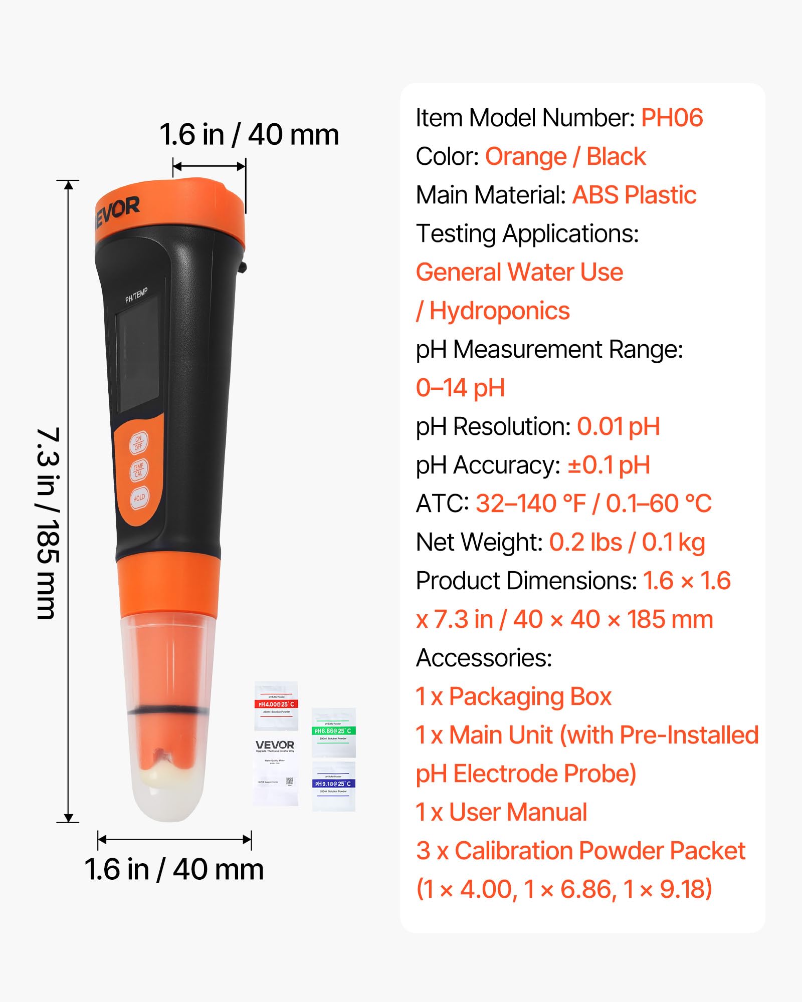 VEVOR pHmetro Portatile, Intervallo di pH 0-14, Sonda Impermeabile IP68, Kit Tascabile con Bustine di Polvere di Calibrazione, Display VA, per Test di Acidità Acqua Potabile Idroponica e Acquario