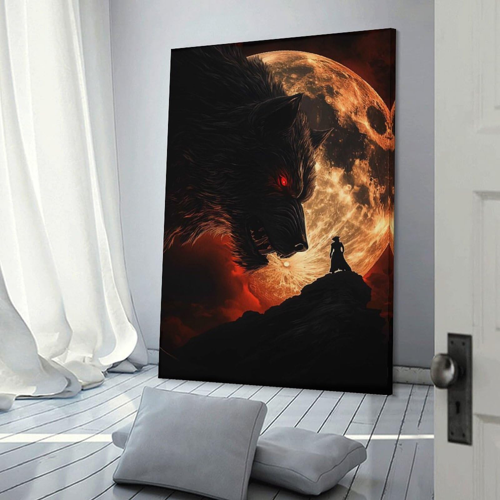 Junmoney Canvas Wall Art Werewolf Confrontation Under A Fiery Moon, 24x36inch(60x90cm), for New Homes, Bedrooms Or Workspaces, Canvas Artwork with Gifting Potential