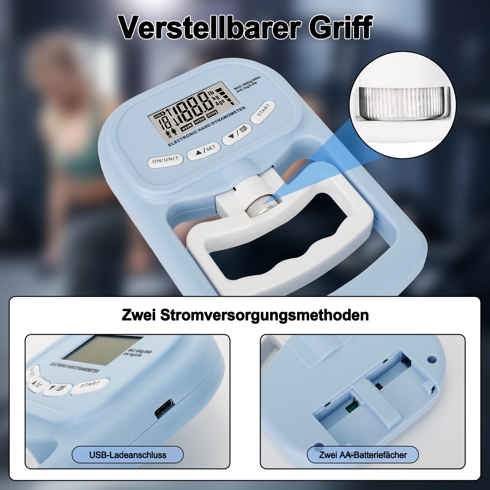 Griffkraft Messgerät, 396lbs /180kg Handkraftmessgerät, Digitales Hand Dynamometer, LED Bildschirm, Grip Strength Tester mit USB-Ladekabel