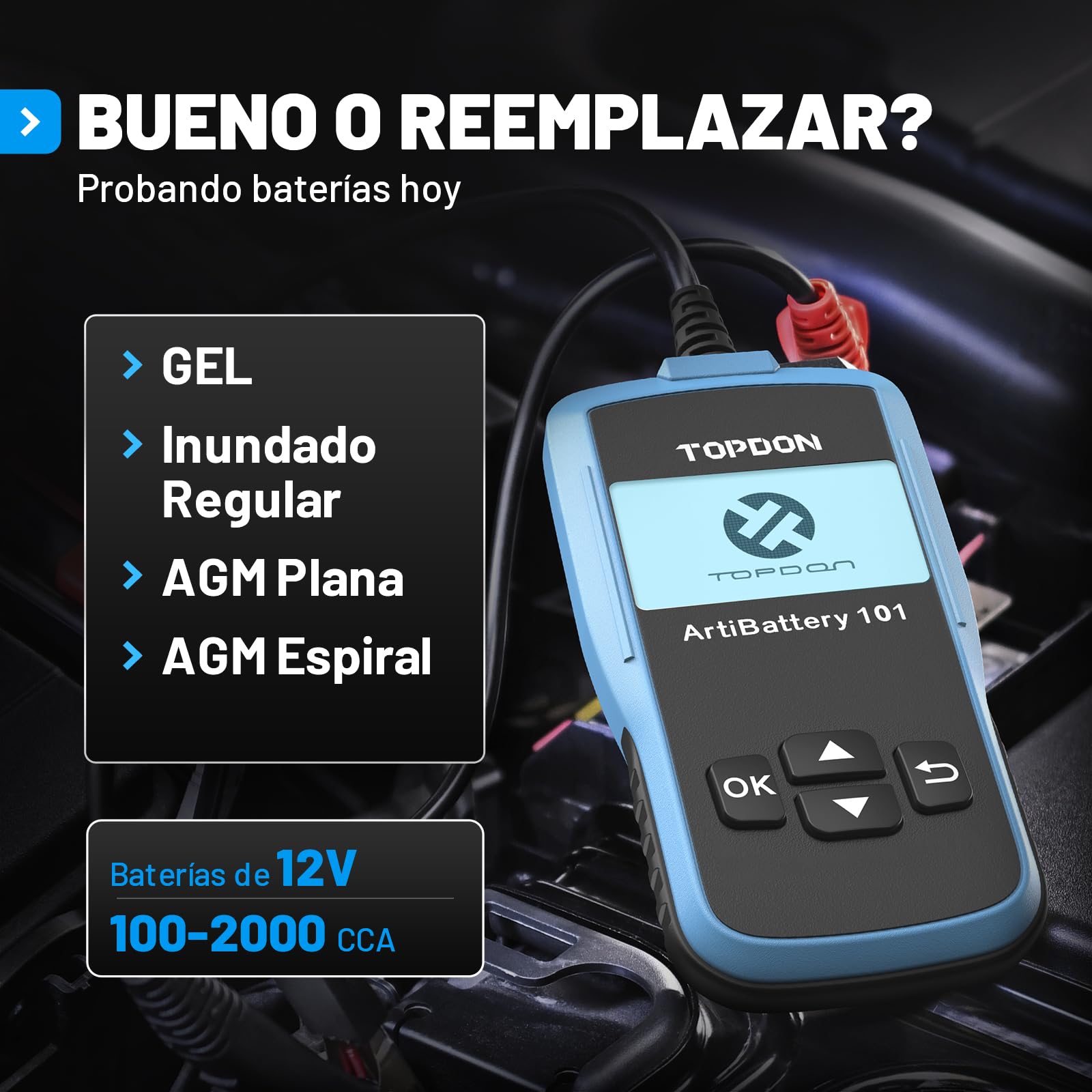TOPDON ArtiBattery AB101 Comprobador de batería de Coche de 12 V 100 – 2000 CCA. Medidor de batería de Coche para Pruebas de Arranque y Carga, Analizador Digital para Celda húmeda/AGM/Gel/EFB