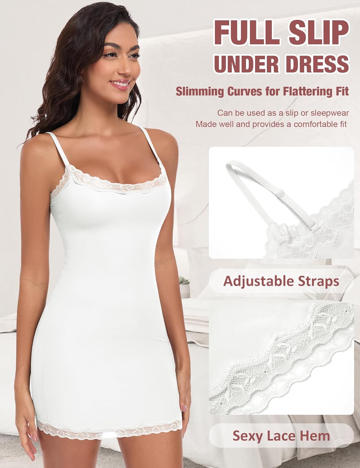 Women Full Slip for Under Dress Adjustable Strap Slip Dress Sexy Lace Soft Slips Nightgown Lingerie Dress - Image 2