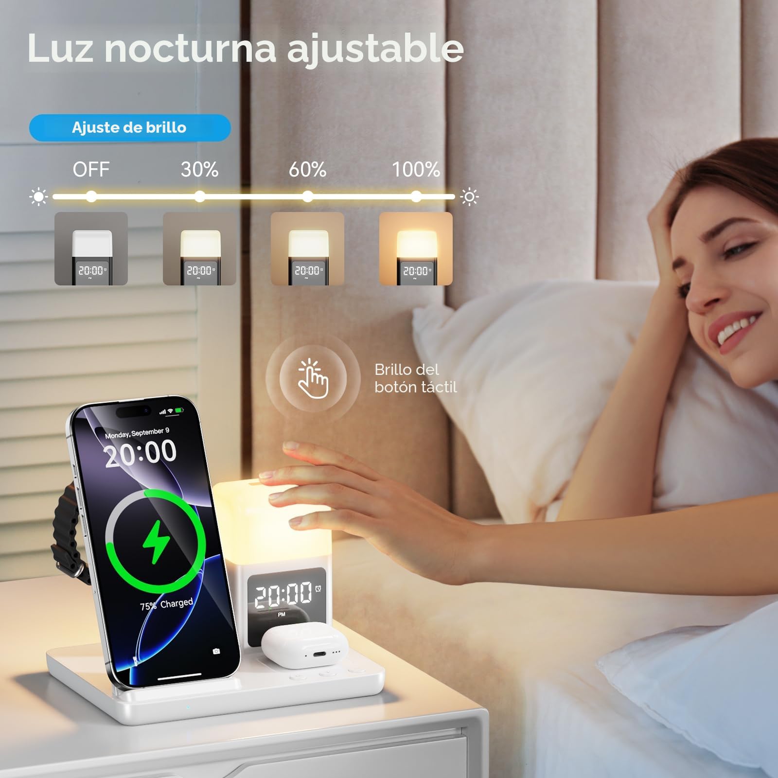Cargador Inalambrico iPhone, Cargador Inalámbrico con Lámpara lámpara de Noche y Despertador, Estacion de Carga Apple 17 16 15 14 13 12, Apple Watch, AirPods