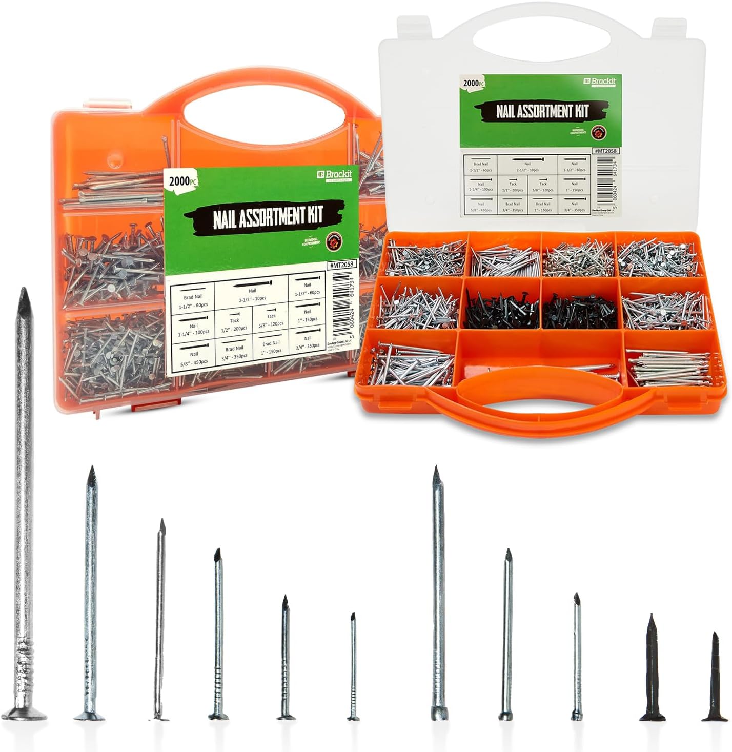 Brackit 2,000 Piece Nail Assortment Set with Storage Case – Including Wire Nails, Brad Nails & Tacks - For DIY, Craft, Masonry, Woodwork, Décor