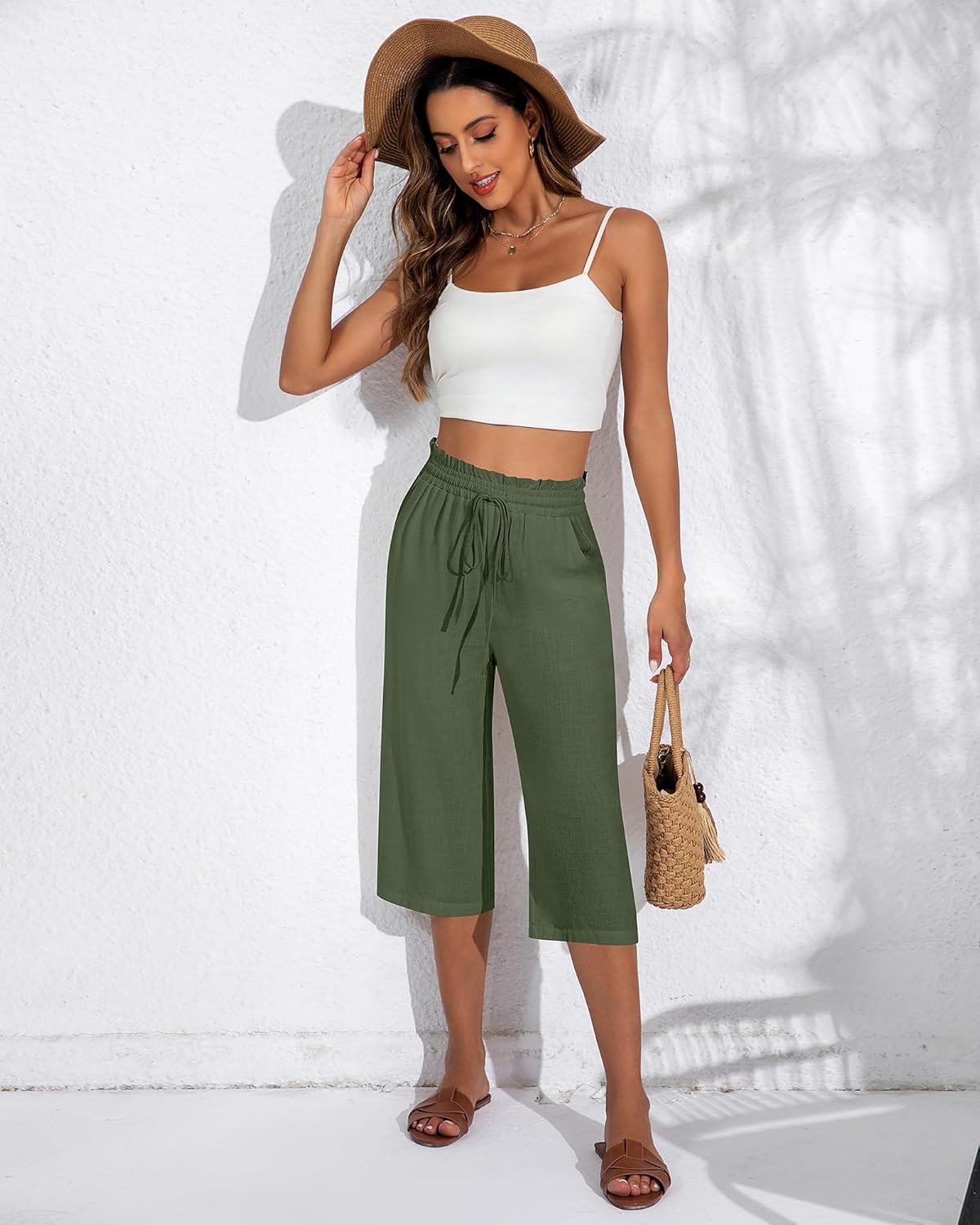 Neer 2 Pcs Women's Linen Wide Leg Capri Pants Beach High Waisted Drawstring Casual Loose Capris Pants with Pockets - Image 6