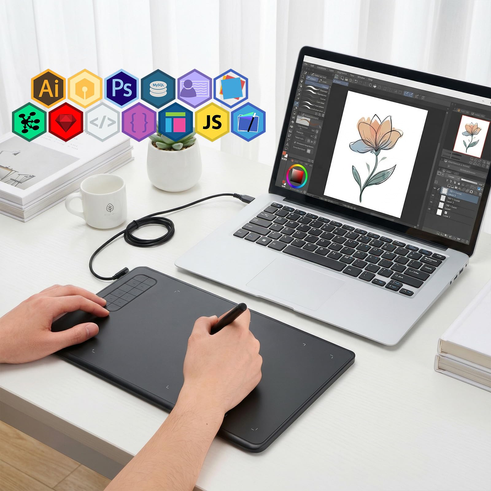 IMAGE Drawing Tablet de 9,45 x 6,1 pulgadas de área activa grande, 8192 niveles de presión de la batería, 12 teclas de acceso directo personalizables, tableta gráfica para dibujo digital y diseño