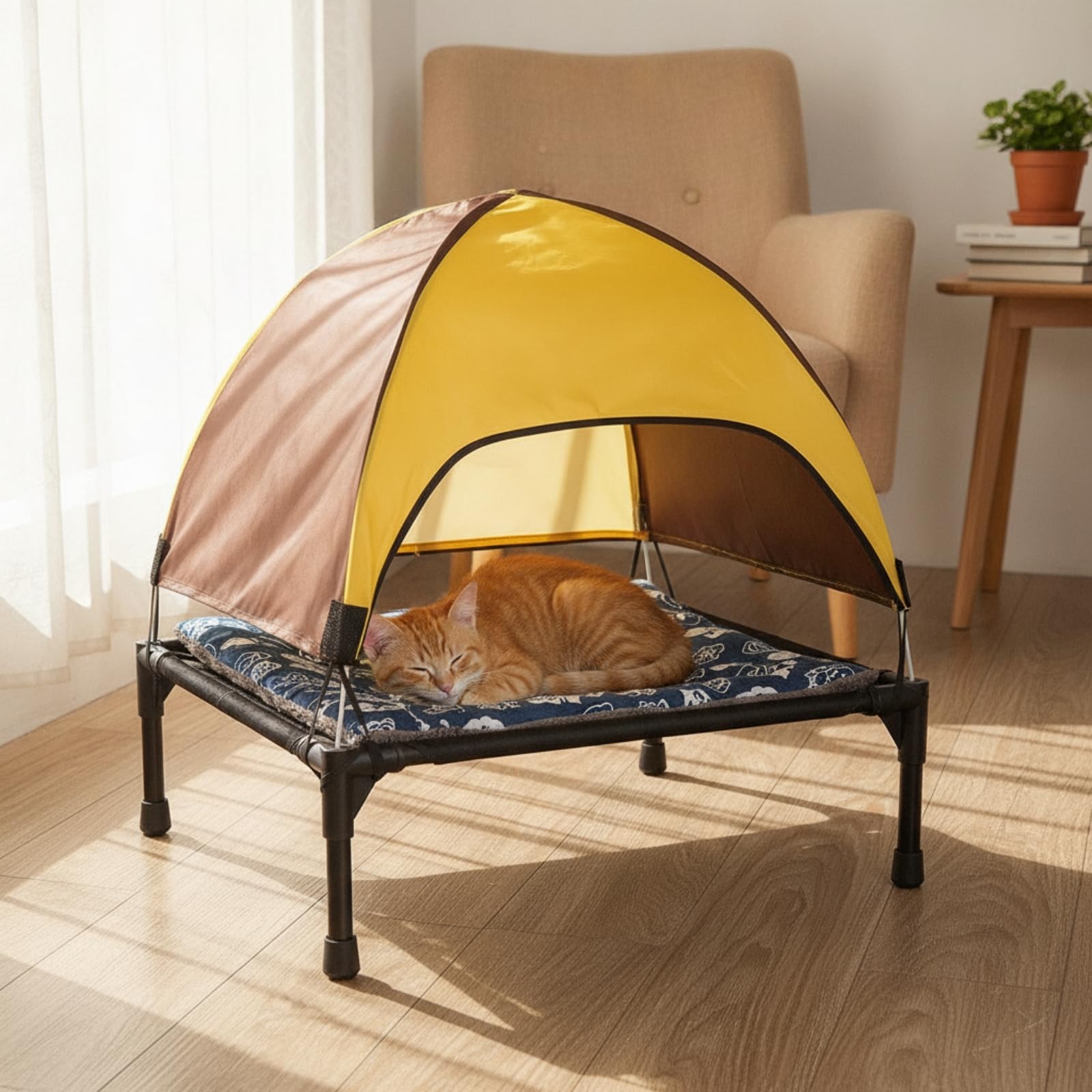 predolo Weich Stoffmaterial-Katzenzelt mit Vier | Katzen-Schlafplatz mit erhöhter Plattform, Nest-Katzenzelt, für Balkon, Terrasse, Camping