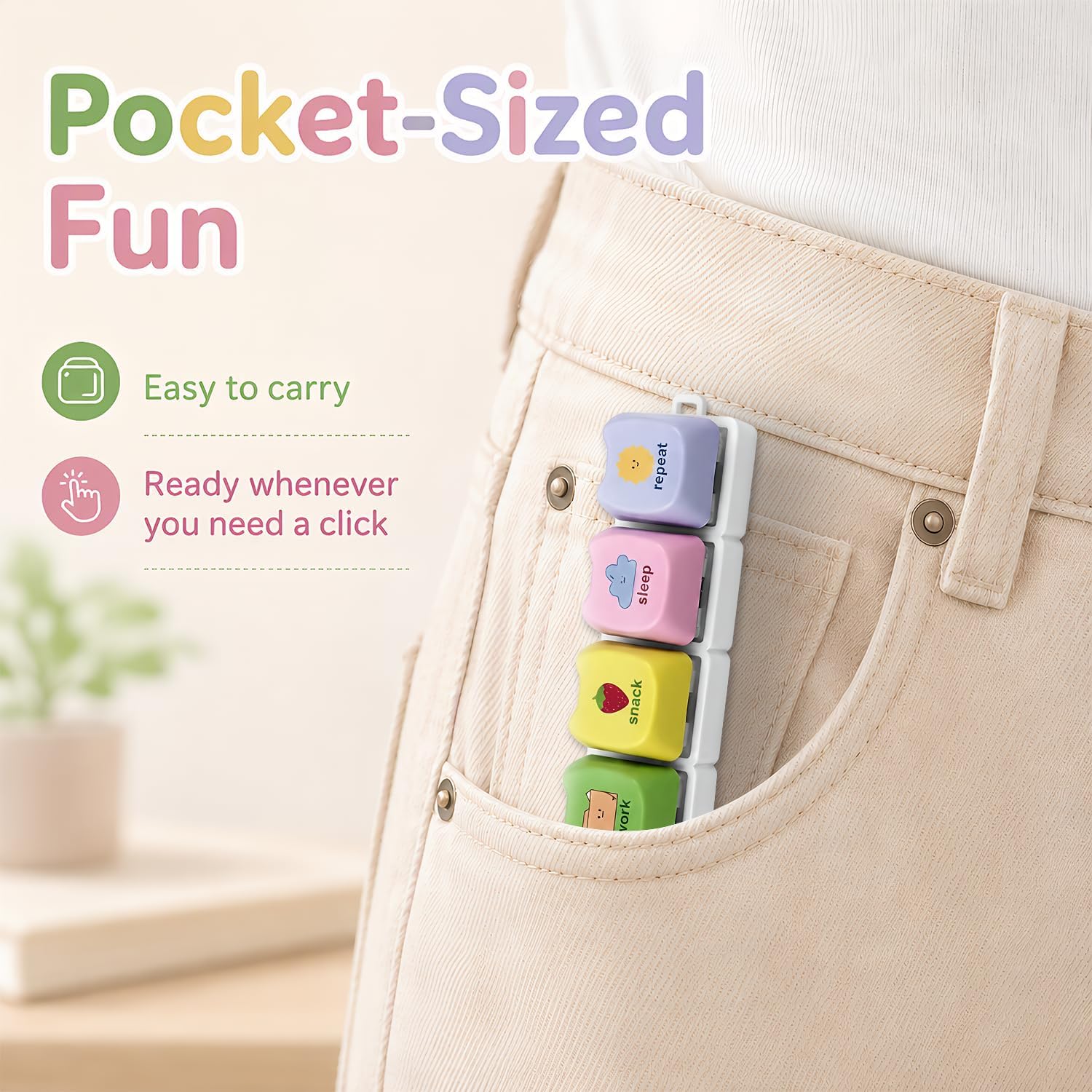 2 Pack 4-Key Keyboard Fidget Clickers, Cat-Shaped Pastel Button Keychain Toys with Wrist Lanyards, Portable Clickers for Adults and Teens, Work Snack Sleep Repeat image 5
