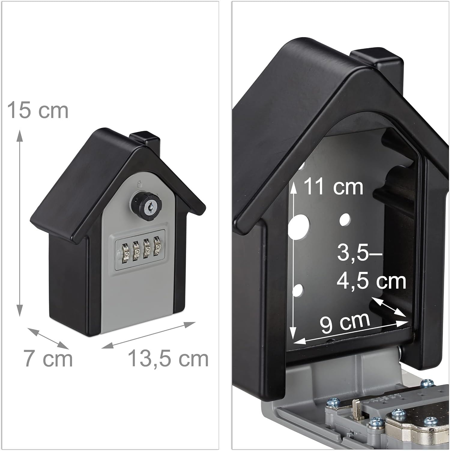 Diagram showing the external and internal dimensions of the Relaxdays Key Safe.