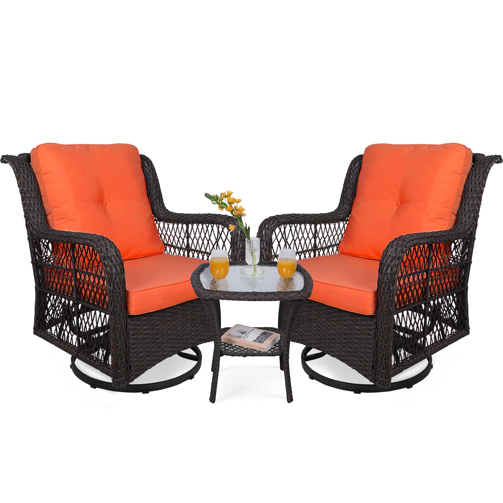VIVIJASON3-Piece Patio Wicker Conversation Bistro Set Cushioned, Outdoor Glider Swivel Rocking Chairs Rattan Furniture Sets with Thickened Cushion and Glass-Top Coffee Table, Orange Cushion