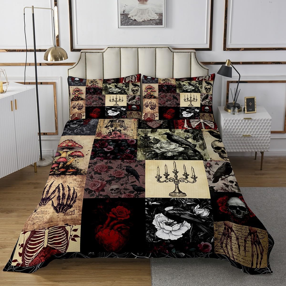 Boho Skeleton Bedding Set King Size,Rose Flower Crow Bedspread for Kids Girls Woman Teens Room Decor,Gothic Mushroom Skull Pattern Comforter Set Red Black Patchwork Plaid Quilt Coverlet 3Pcs
