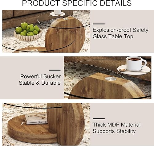 Miniatura 4 de Mesa de café de vidrio de 42 pulgadas, modernas mesas de café redondas de vidrio templado para sala de estar, mesa de centro de 3 niveles de madera