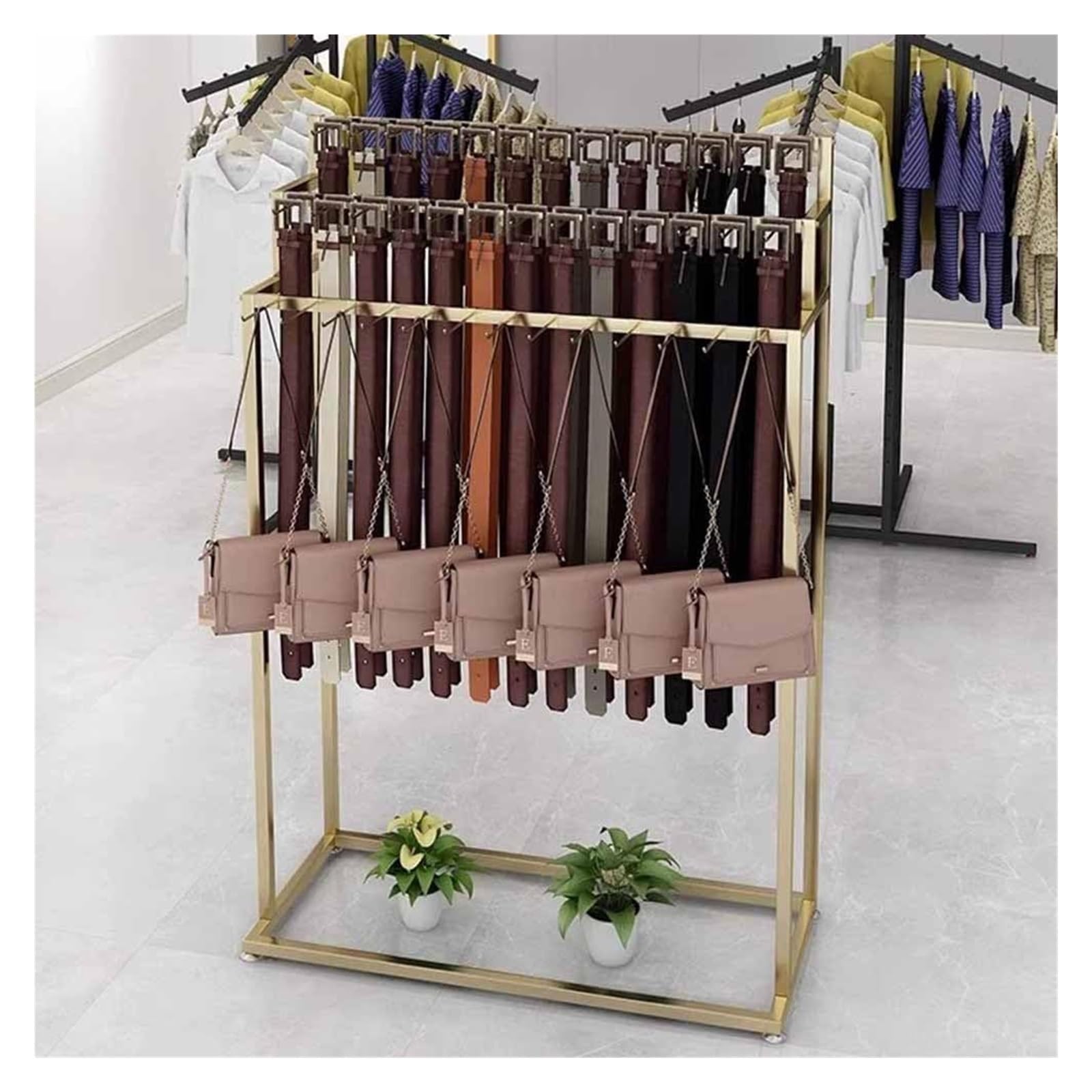 YNBSHGAA Metal Clothing Rack with Wheels Freestanding Garment Display Stand for Menfor Ties Scarves and Bags Retail Showroom Storage Solution,Gold-150x40x150CM