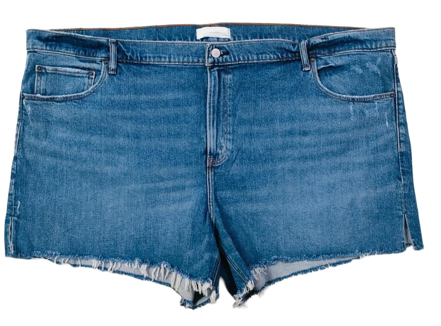 happening Plus Size Women Stretch Denim Shorts with Bottom Fringes - Length 16 inch- HIGH Rise- Faded Mid Blue Color- Waist Size (10XL) 52 to (11XL) 54 inch-picture-18