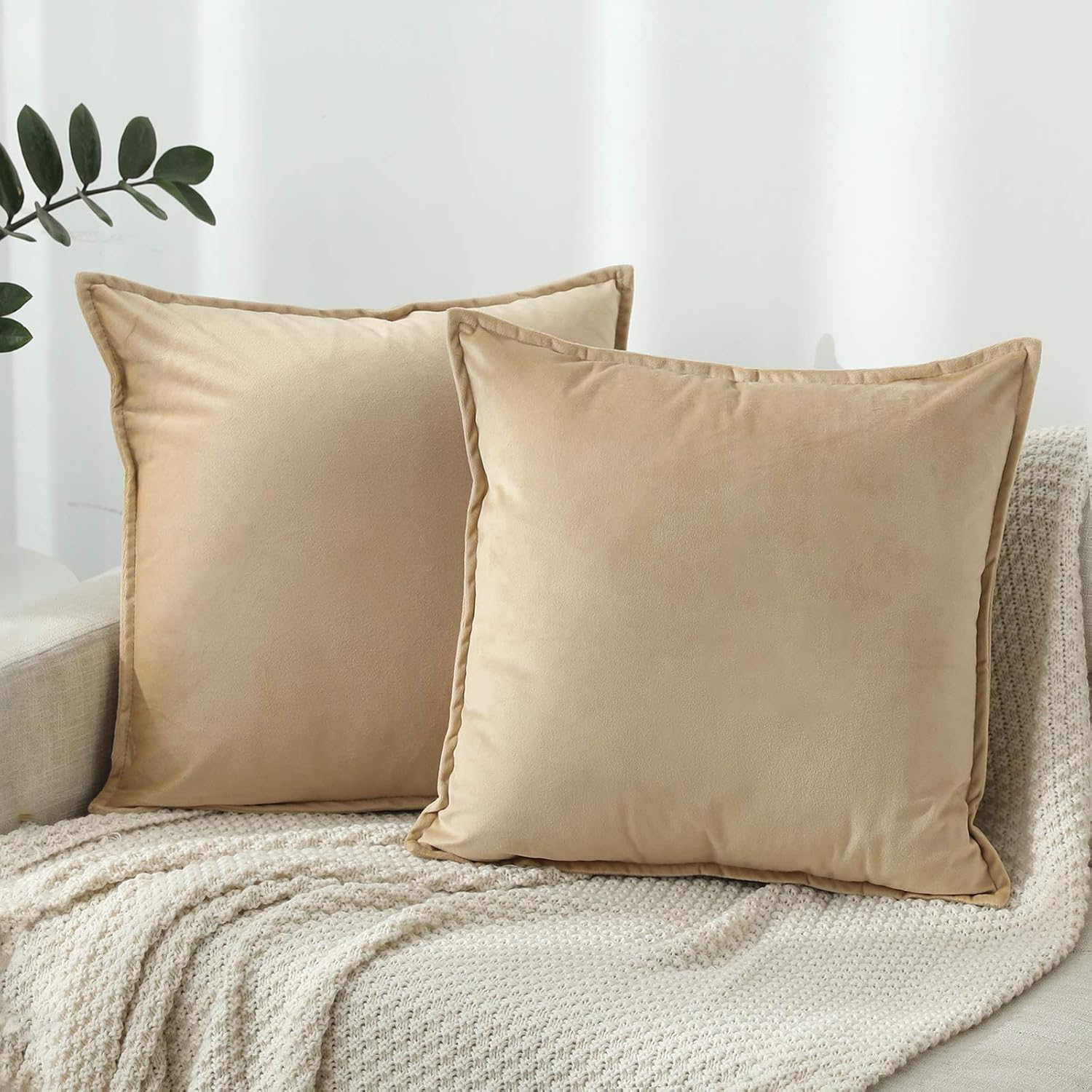 Colorxy Velvet Decorative Throw Pillow Covers, 16x16 Inch, Set of 2, Beige