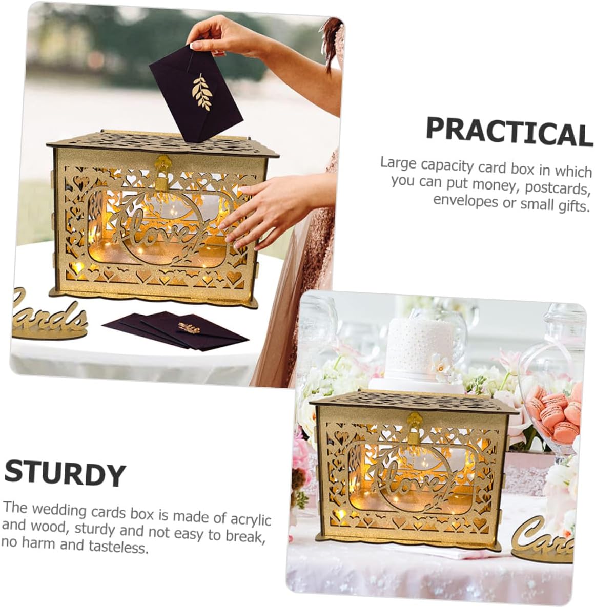 BESPORTBLE Wood Hollow Card Container Box Portable Wooden Greeting Card Holder for Wedding Reception and Birthday Decoration, Rustic Blessing Storage Box without Lights