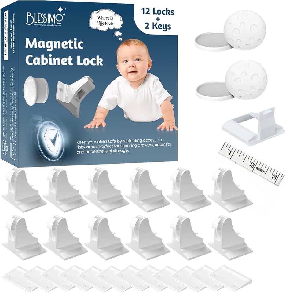 Blessimo® 12 Pack Magnetic Cabinet Locks Baby Proofing with 12 locks and 2 Keys - Child Locks For Kitchen, Cabinets and Drawers - 