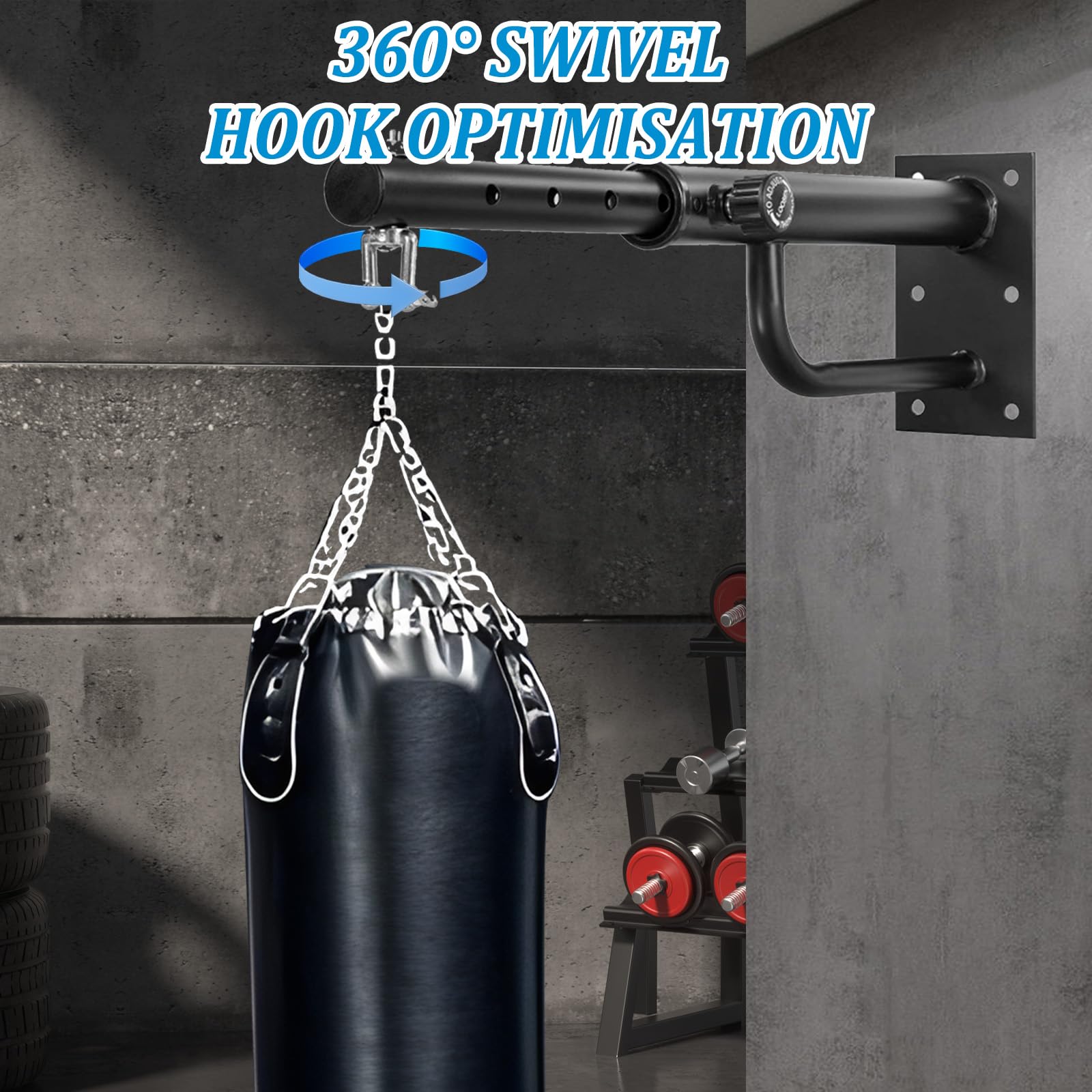 Support pour Sac de Boxe, Fixation Murale pour Sac de Boxe, Réglable et Pivotant, Capacité 150 kg, pour Salles de Sport Domestiques/Garage/Caves