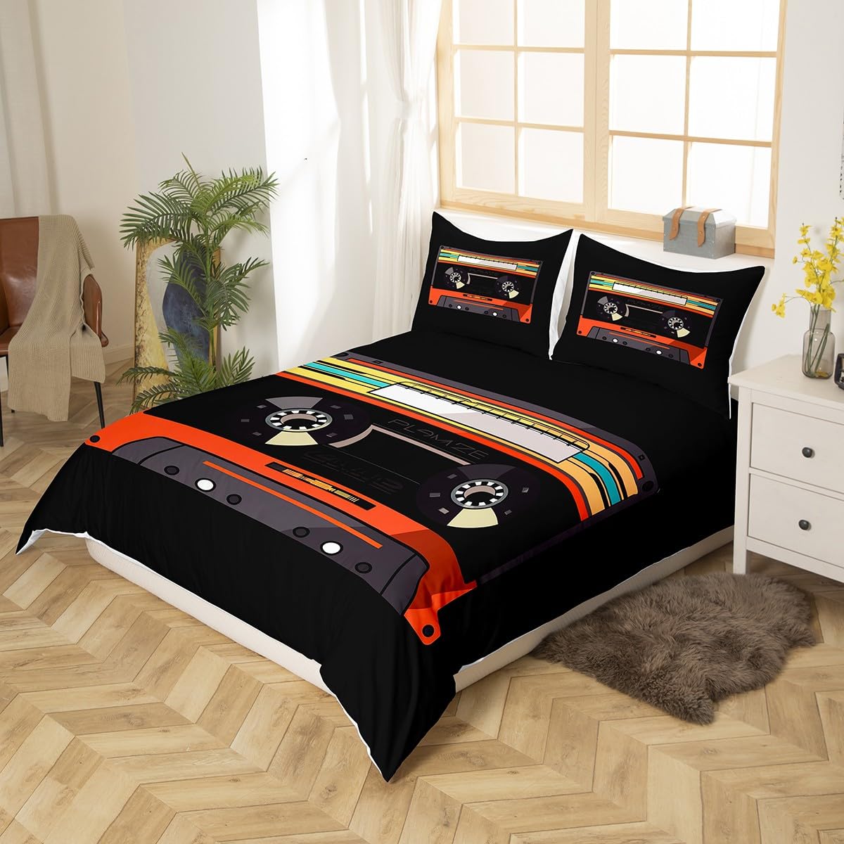Homewish Cassette Tape Duvet Cover Double,Music Themed Bedding Set for Kids Boys Girls,Vintage Musical Acoustic Bedspread Cover,Audio Rhythm Bedding Set including 2 Pillow Cases,Orange Black - Image 2