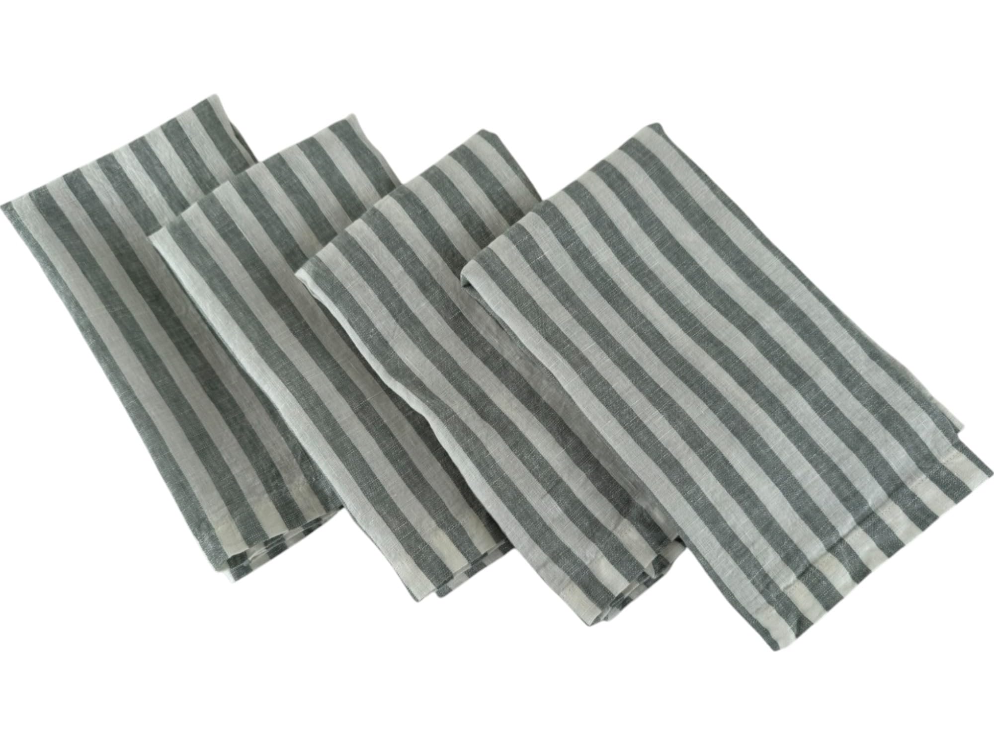 Linen Napkins - 100% Pure Stonewashed Linen Cloth Napkins - Mitered Corners - Size 50cm x 50cm - Set of 4 (Sage Stripe)