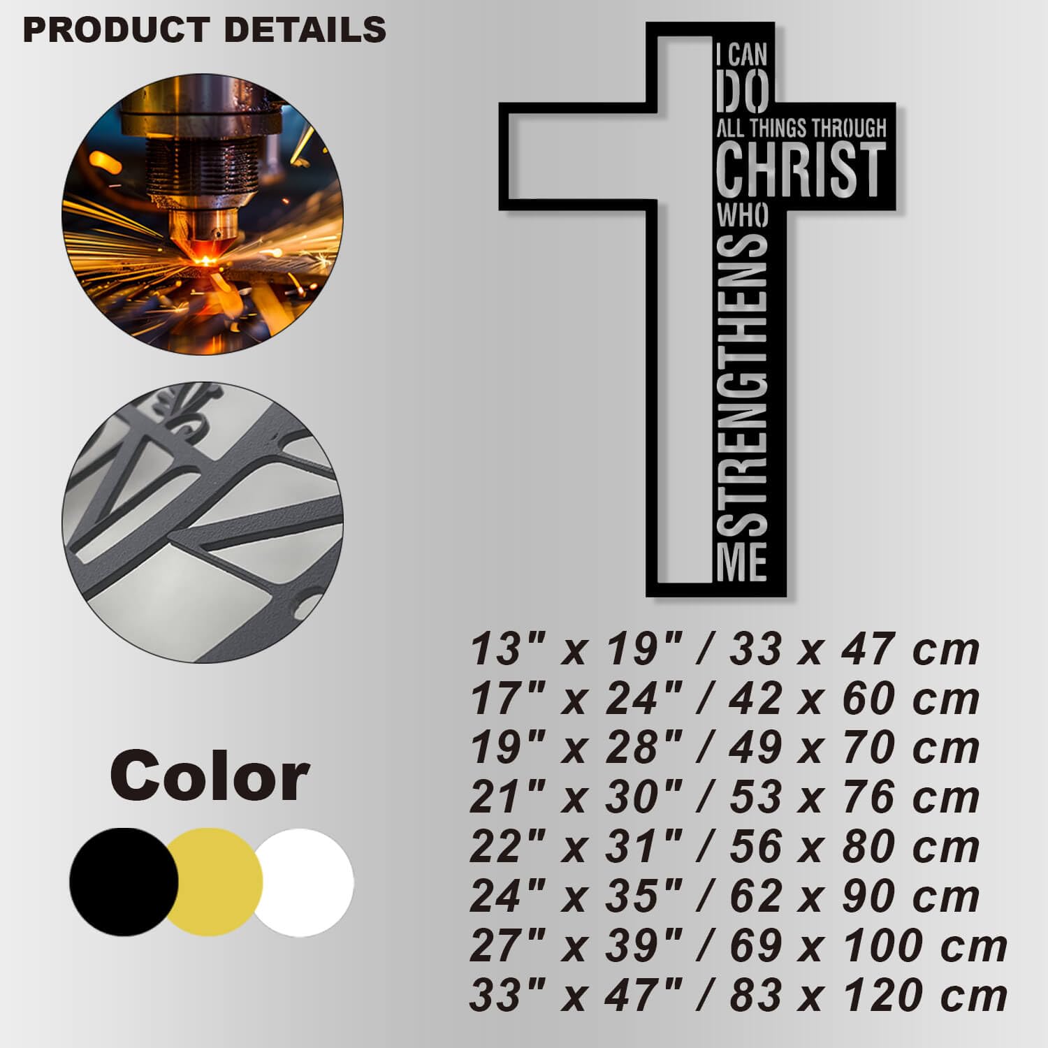 Nowoczesna minimalistyczna sztuka metalowa dekoracja ścienna Mogę zrobić wszystko przez znak Chrystusa Jezus Filipian Krzyż 4:13 Inspirujące (Złota 33" x 47" / 83 120 cm)