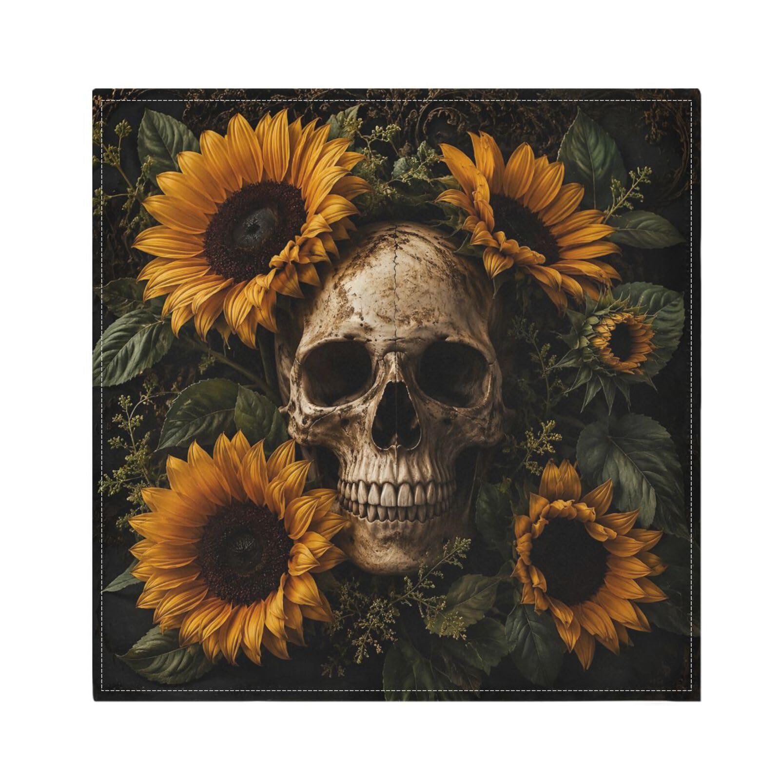 Ttgoth Sunflower Skull Cloth Napkin Set of 4 Washable & Reusable Dinner Napkins for Dining Table, Banquets, Wedding, Party, 50x50 cm