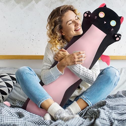 Miniatura 3 de Almohada larga de felpa con forma de gato, 20 pulgadas, lindo gato negro de peluche Kawaii rosa, almohada corporal blanda de peluche, regalo para