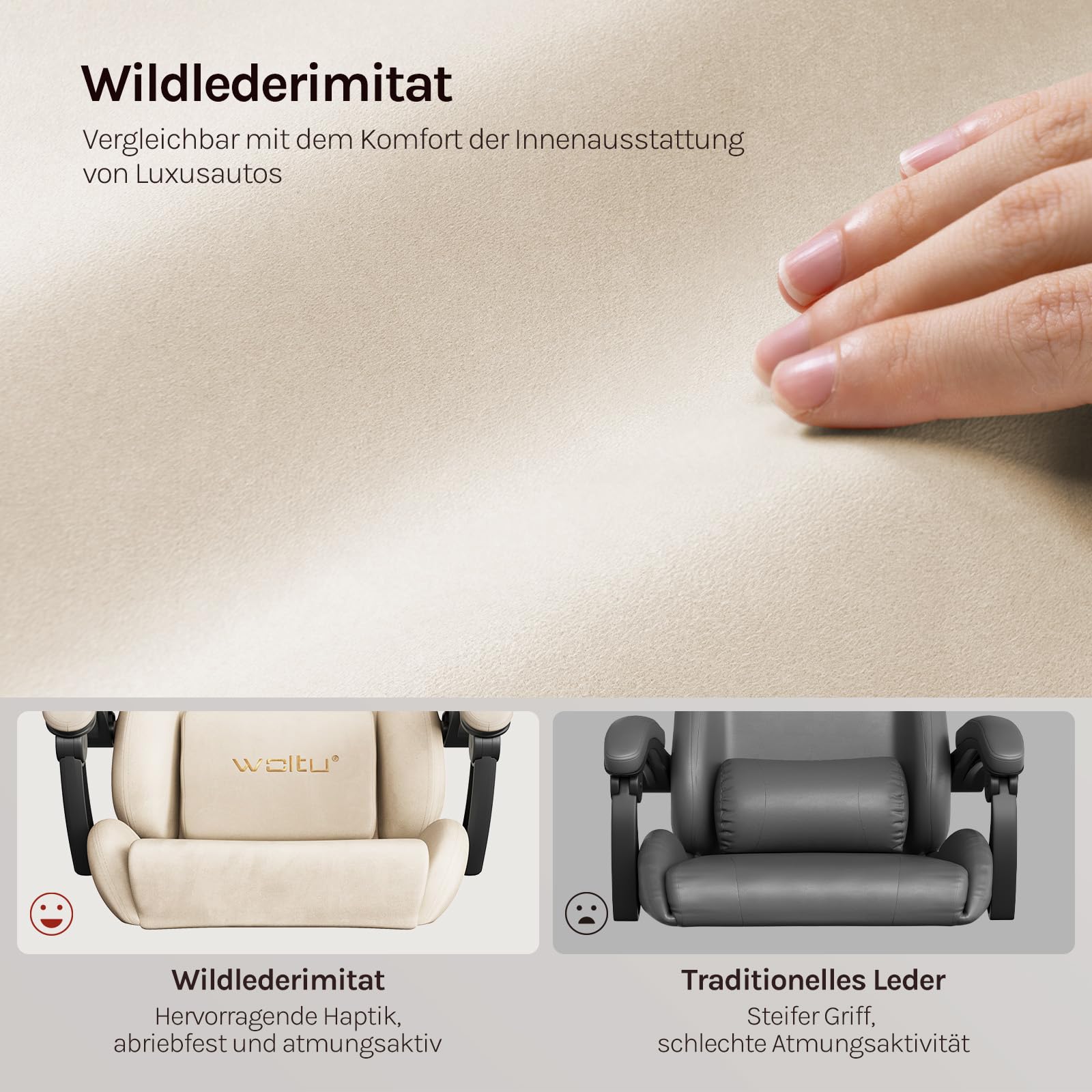WOLTU Gaming Stuhl ergonomisch, mit Verstellbarer Rückenlehne, Bürostuhl drehbar mit Armlehenen, Fußstütze, Lendenstütze, Kopfstütze,Beige