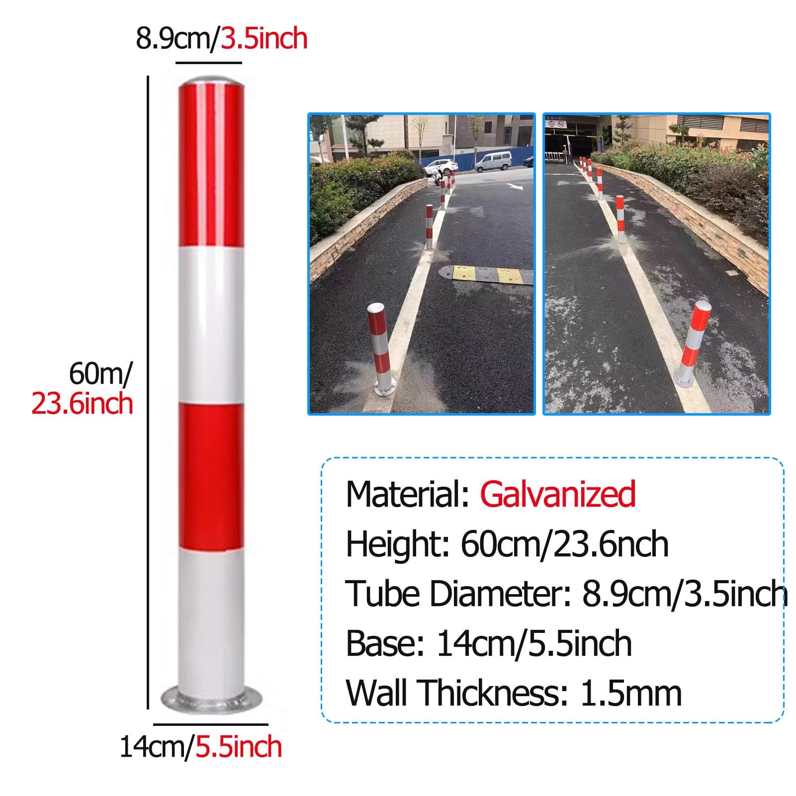 Bolardo de seguridad de tráfico de acero galvanizado, poste de barrera de entrada y estacionamiento (1 unidad, 8,9 x 60 cm) para mejorar la seguridad vial y control de acceso