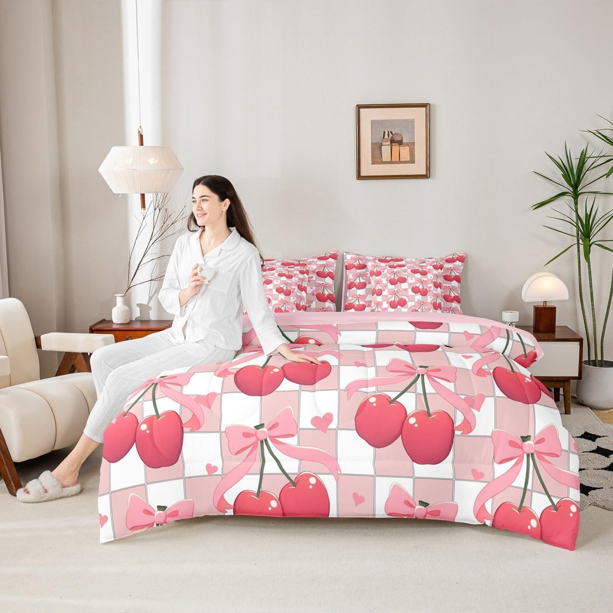 Erosebridal Cherry Bow Queen Comforter Set 7 Pcs Pink White Bowknot Checkered Bedding Set with Sheets for Girls Women,Geometric Plaid Bow Knot Bed in A Bag Cute Love Hearts Kawaii Room Decor