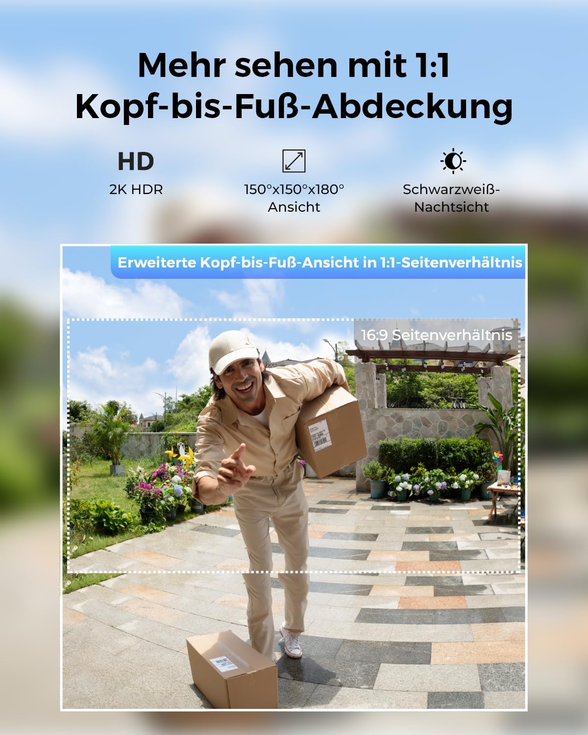 Reolink Video Doorbell, Akku Türklingel mit Kamera, 2K Kabellose Videotürklingel, 1:1 Kopf-bis-Fuß-Ansicht, 2,4/5GHz WLAN, Person/Fahrzeug/Paket-Erkennung, 2-Wege-Audio, Lokale Speicherung Ohne Gebühr