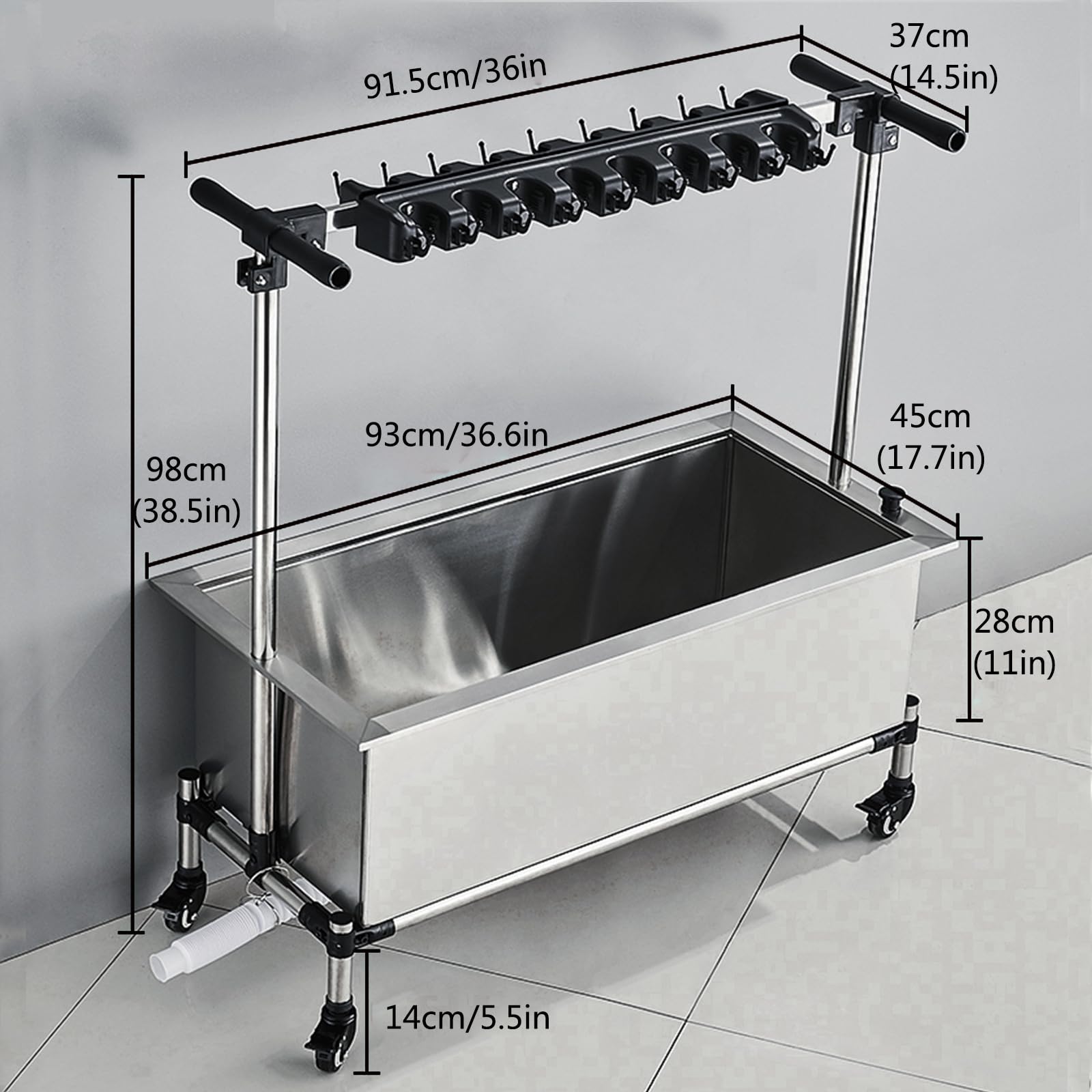 Carro de limpieza con fregadero de fregona móvil, carrito utilitario de acero inoxidable con ruedas, 21 ranuras, 24 ganchos para suministros de limpieza