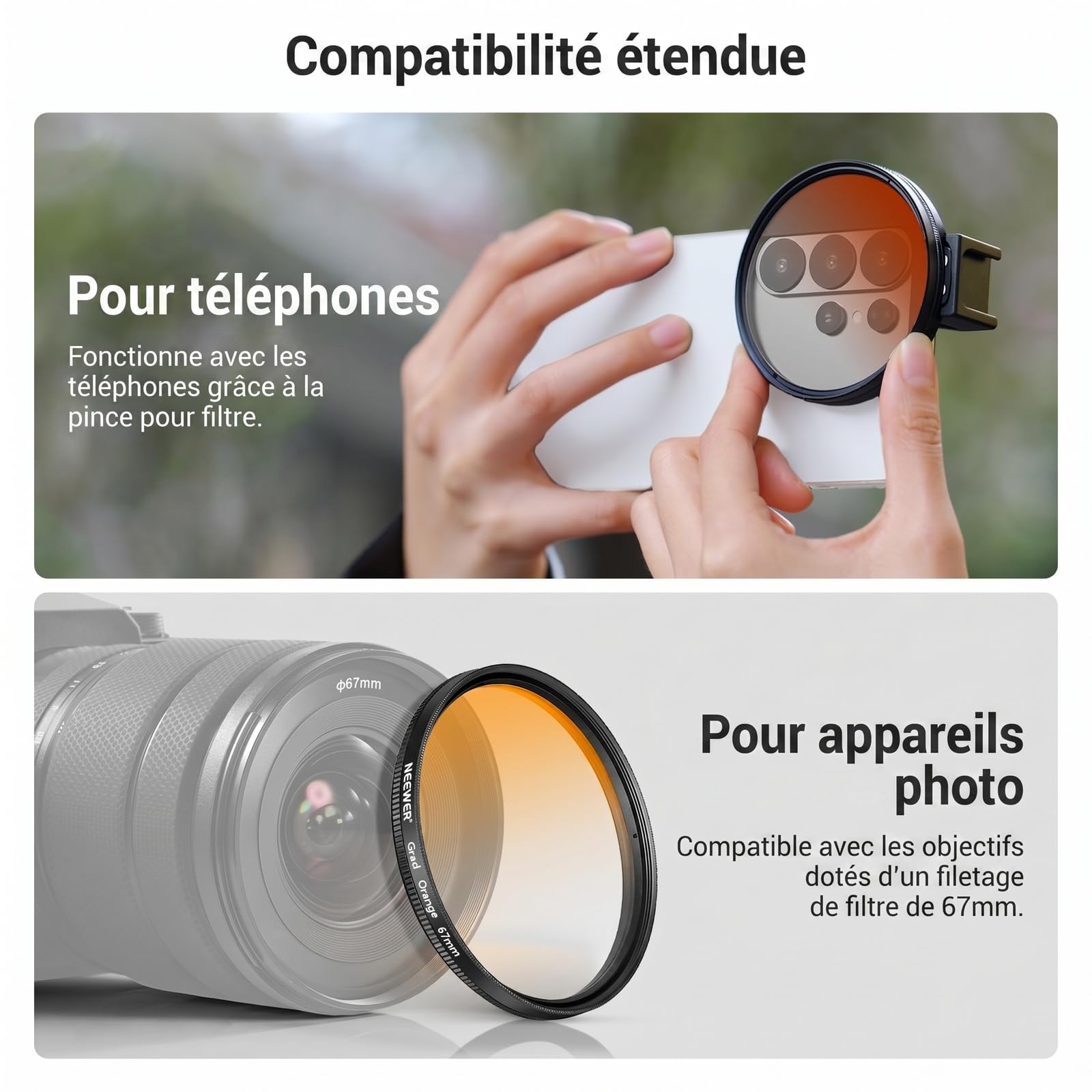 NEEWER 67mm Kit de filtres ND avec Clip Fixation pour Griffe Flash,7 Pack filtres: 4 filtres dégradés de Couleur+étoile+ND 32+CPL.Compatible avec iPhone 17 16,Android Samsung Galaxy S26 Ultra,FL-P15