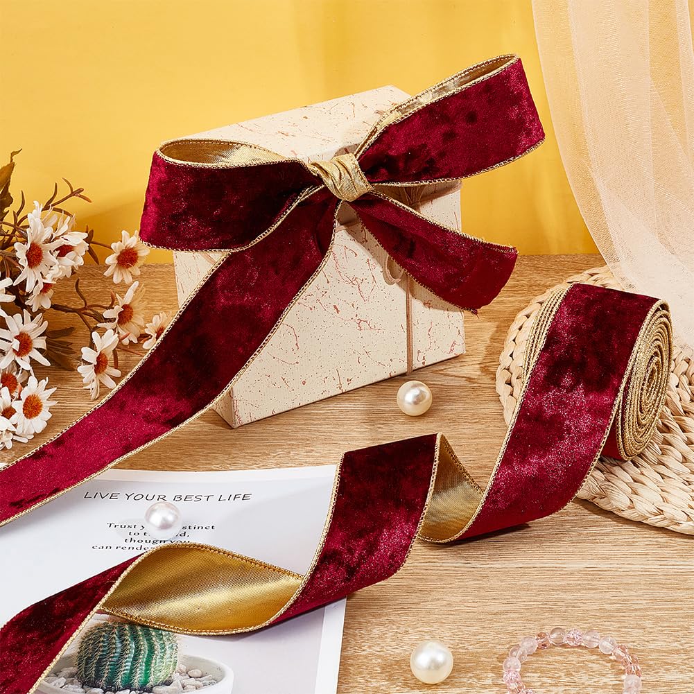 OLYCRAFT Nastro In Velluto Rosso Scuro Da 9 M, Largo 5 Cm, Nastro In Velluto Su Un Solo Lato, Con Bordo Dorato E Retro Dorato, Per Confezioni Regalo