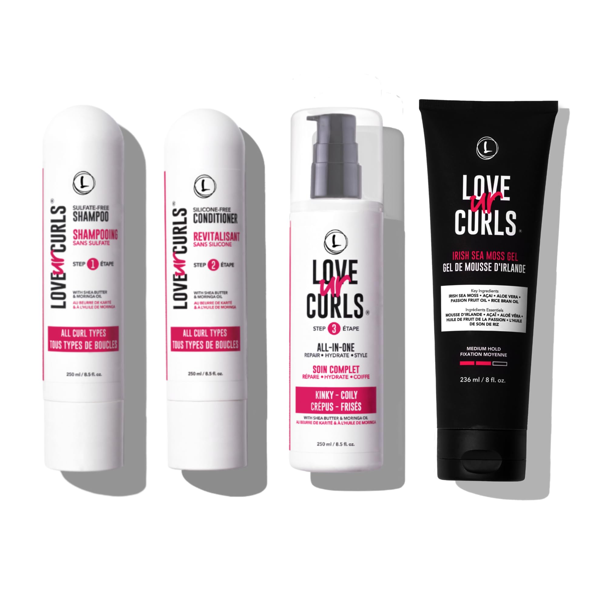 Love Ur Curls - Shampoo, Conditioner, Kinky-Coily All In One Styler to repair, define and hydrate hair and Irish Sea Moss Gel for touchable hold