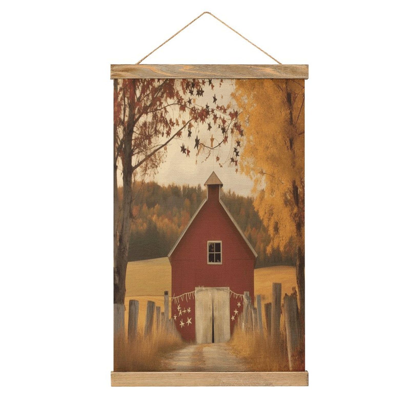 FekiLoot Fall Country Barn Wall Art Poster Hanger Frame Linen Wall Art Decor Vintage Hanging Poster Hanging Wall Decor Rustic Retro Wall Art Print for Living Room Decor 20.4 X 13.1Inches