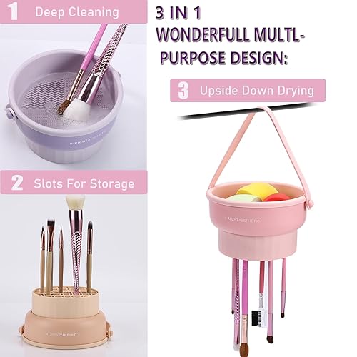 Miniatura 2 de Tapete de limpieza de cepillos 3 en 1 con soporte para secador de cepillo, tapete limpiador de brochas de maquillaje de silicona, cuenco de limpieza