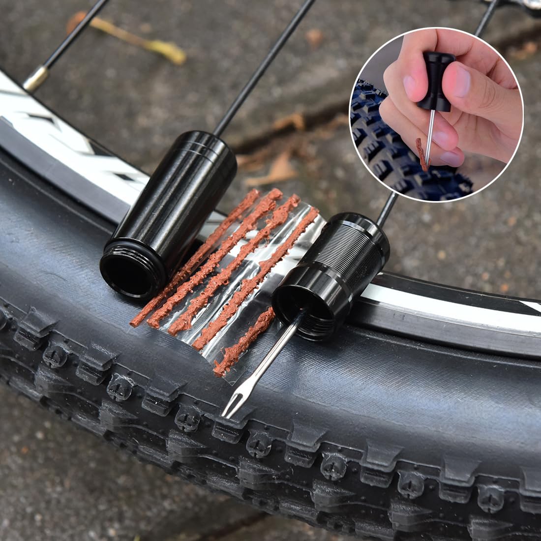 Kit Riparazione Pneumatici Tubeless Per Bici | Per MTB E Corsa | 10 Strisce Gomma E Forchetta | Portatile - Foto 8