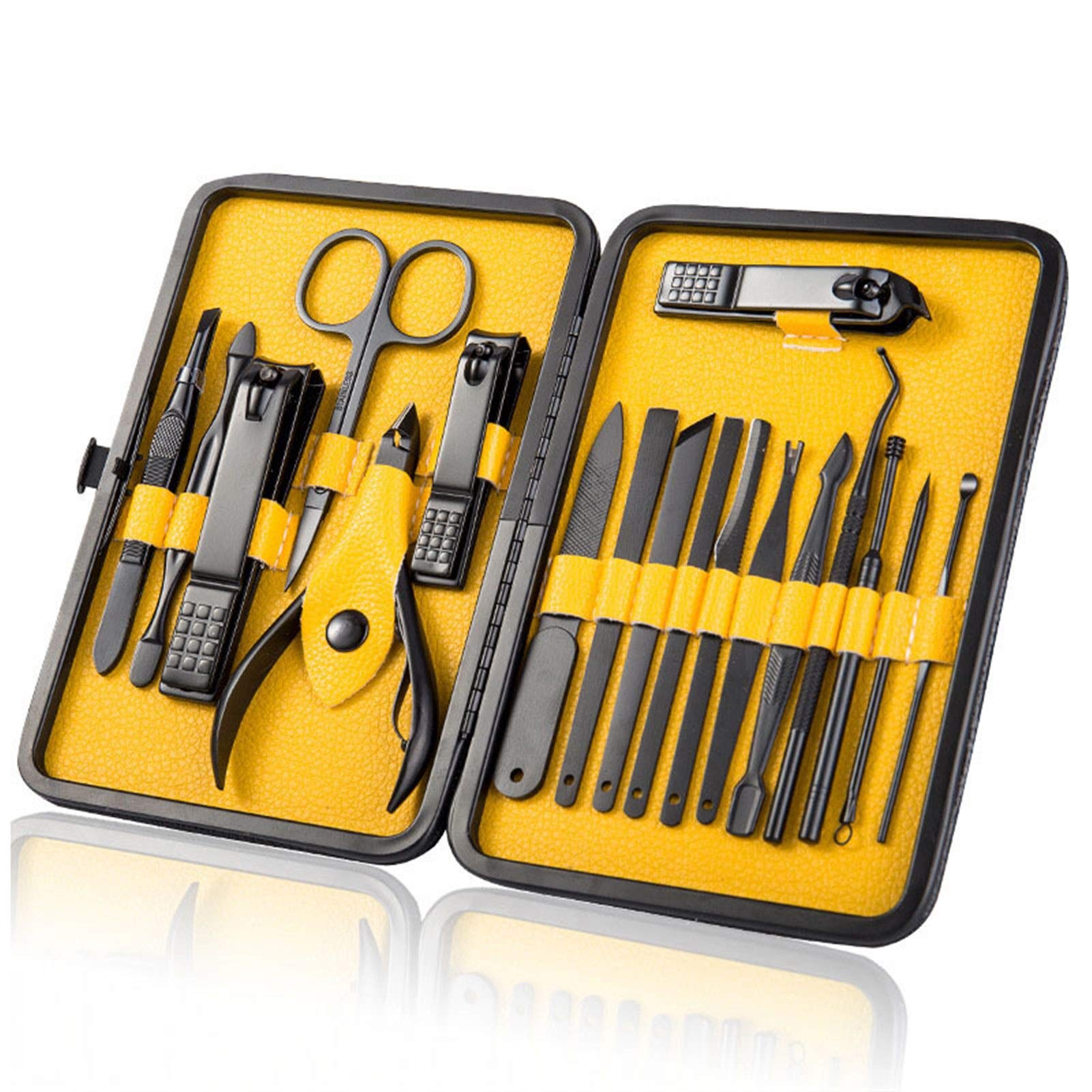 SCRUBY Set per manicure in acciaio inox, 8/10/15/18 pezzi, kit per pedicure, lima per unghie, forbici, kit di strumenti di bellezza (giallo, 15 pezzi)