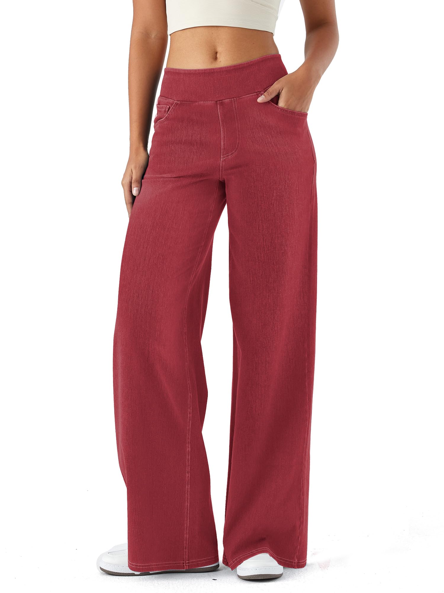 LaiEr Damen Denim Hose mit weitem Bein,hohe Taille,gerades Bein,lockere Passform,Unregelmäßiger handgeriebener Katzenschnurrhaarverlauf hohe Elastizität Casual Jeans(Red,S)
