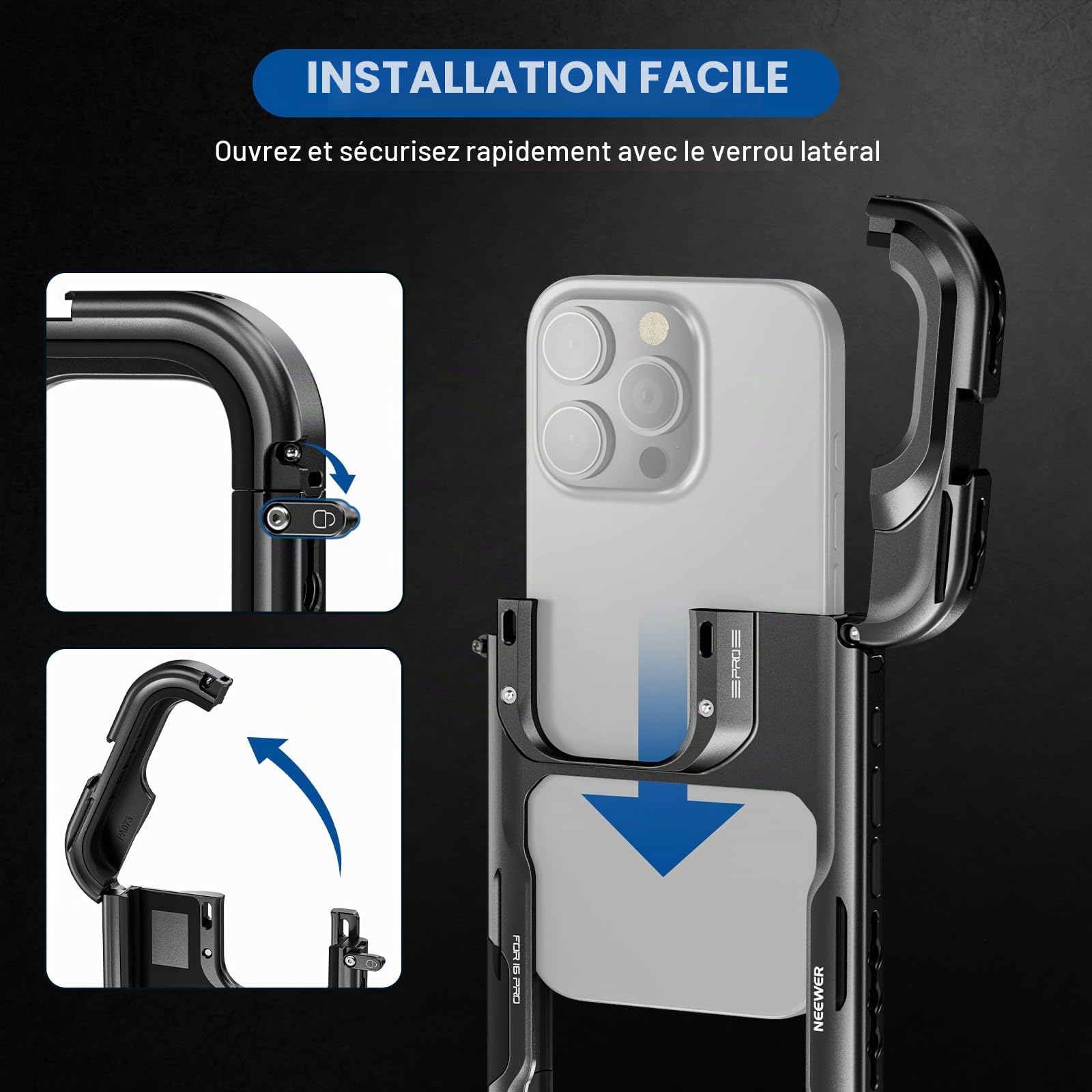 NEEWER Cage 16 Pro, stabilisateur vidéo à libération Rapide Compatible avec iPhone 16 Pro avec Adaptateur de Filtre de 67 mm, Plaque arrière d'objectif de 17 mm, Adaptateur d'objectif à Monture en T