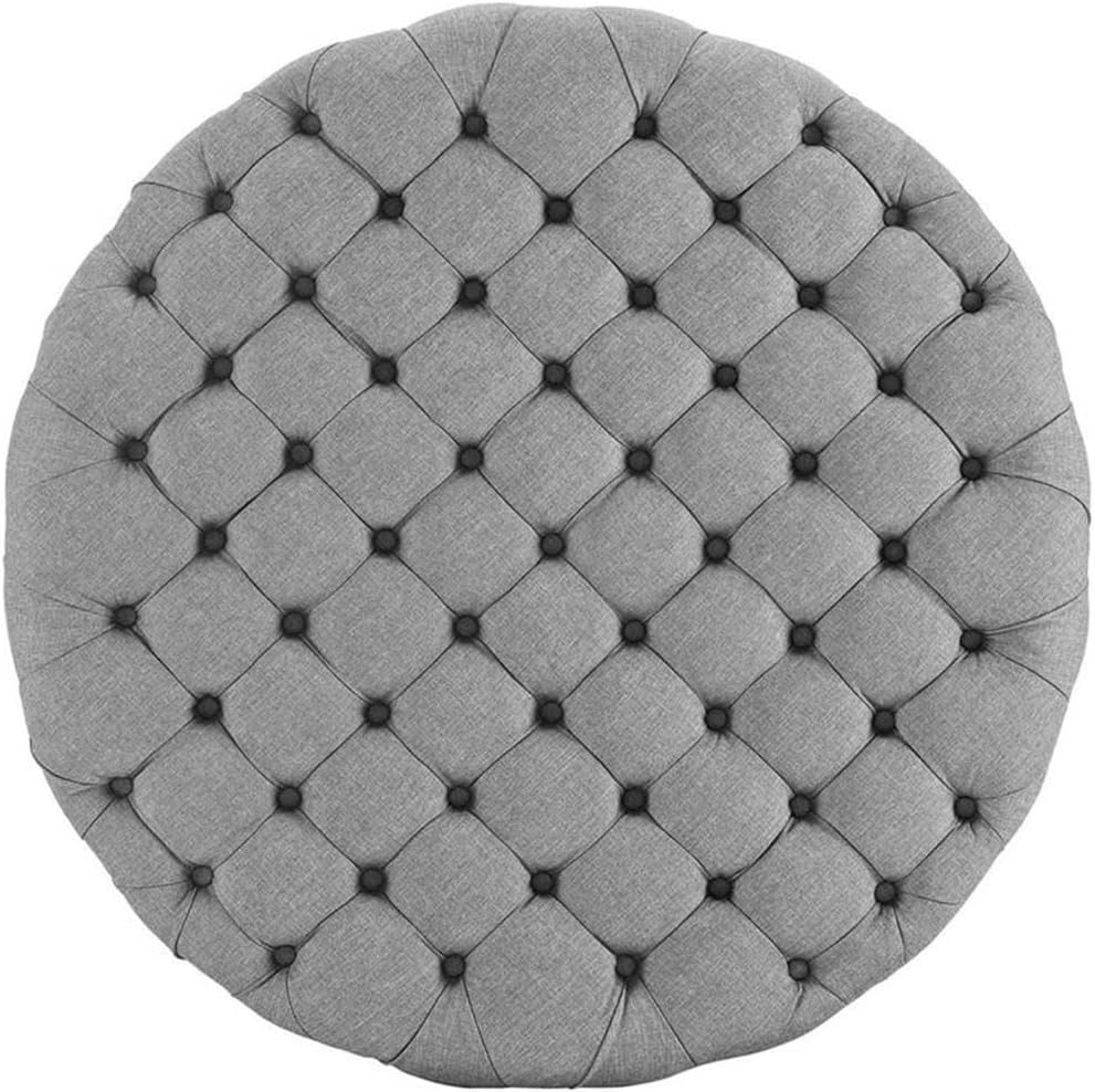 Pemberly Row Modern Round Ottoman, 40" Wide, Upholstered Polyester Fabric, Light Gray Finish, Solid Wood Frame, Tufted Button Design, Foam Padding, Black Legs, Indoor Living Room or Lounge Furniture