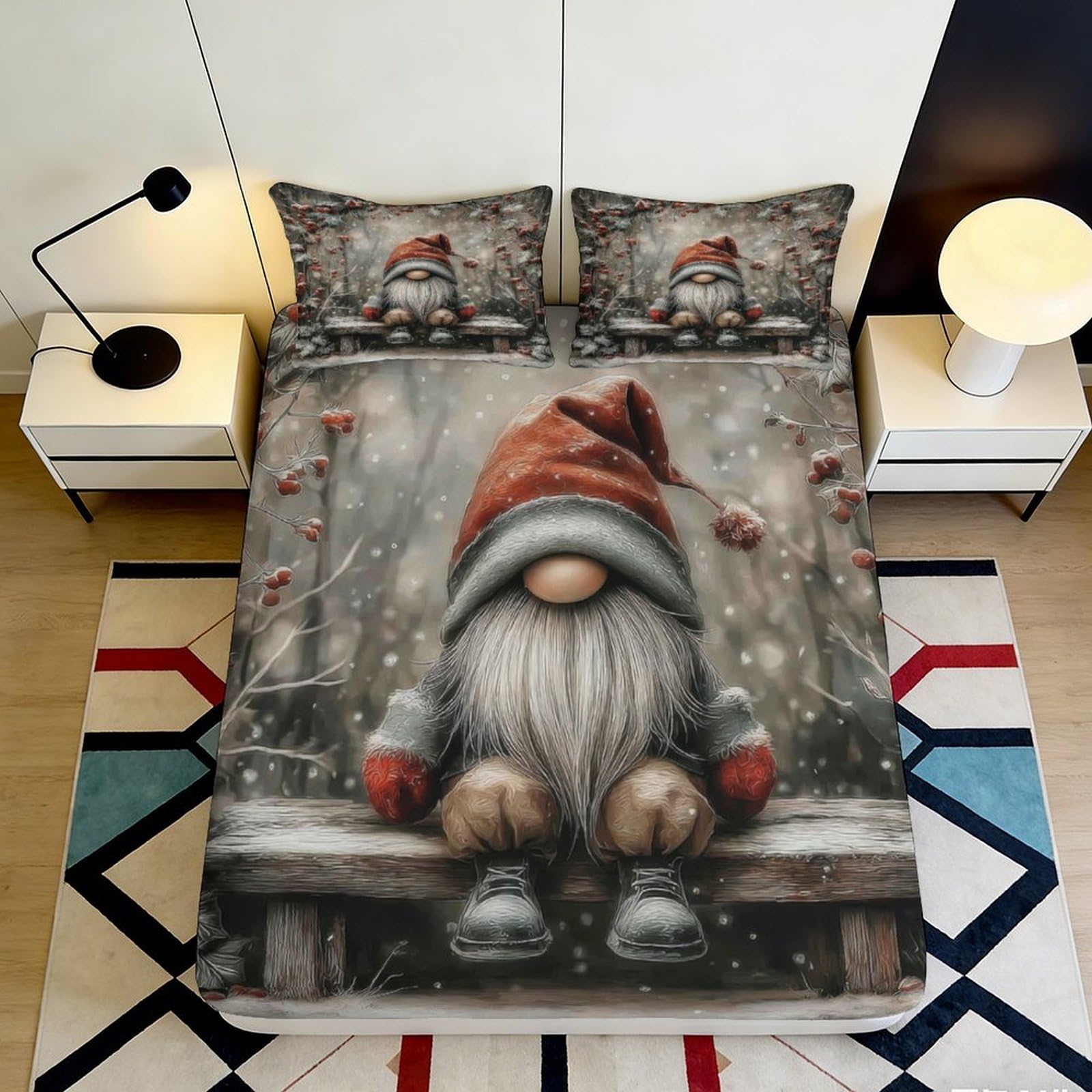 3D Printed Nordic Gnome Fitted Sheet Microfiber Soft Decorative Forest Bed Cover for Bedroom Guest Room 90x200x25cm